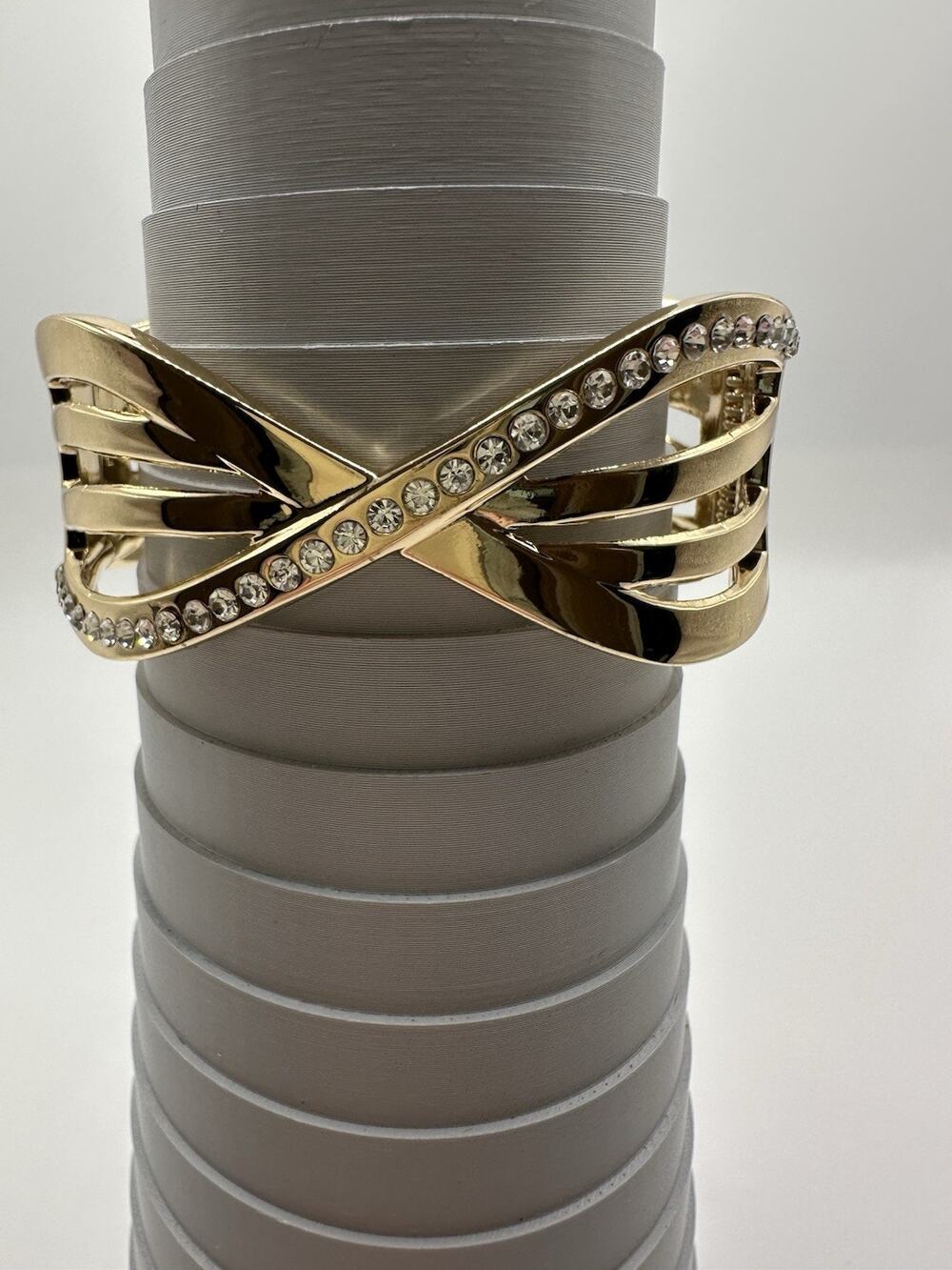 Gold Tone Criss Cross Clamp Bracelet With Rhinestones Size 6.75